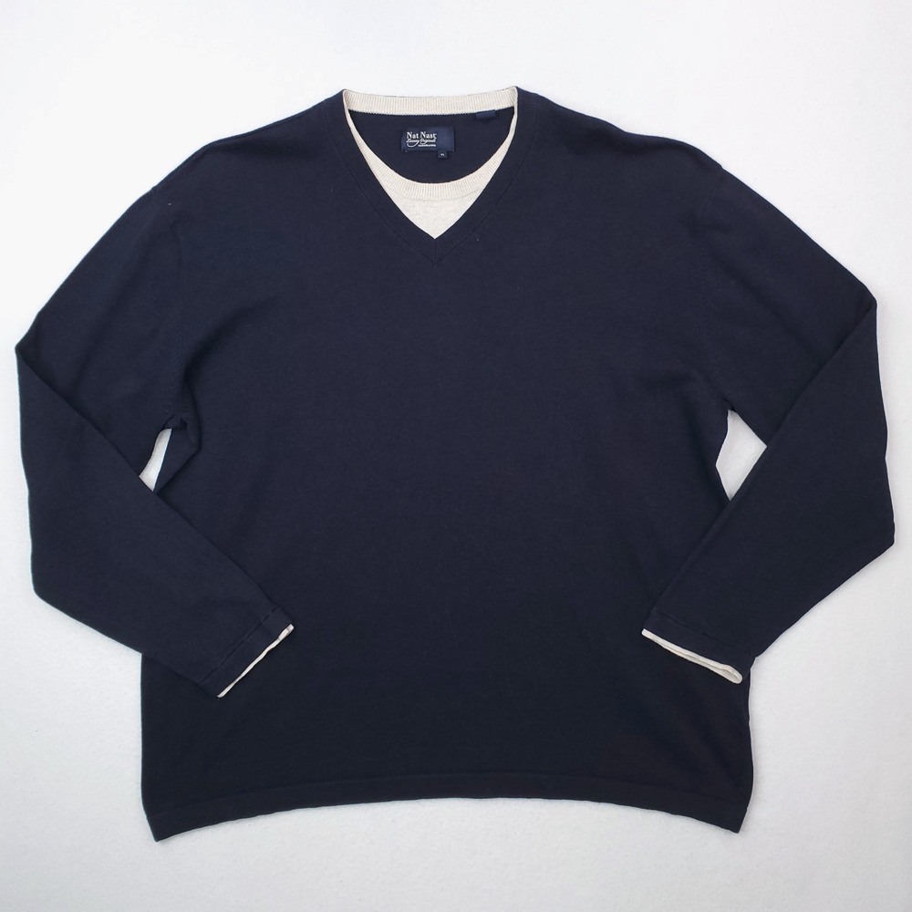 Nat Nast Sweater Mens Extra Large Navy Blue V Neck Crew Pullover Preppy Nautical